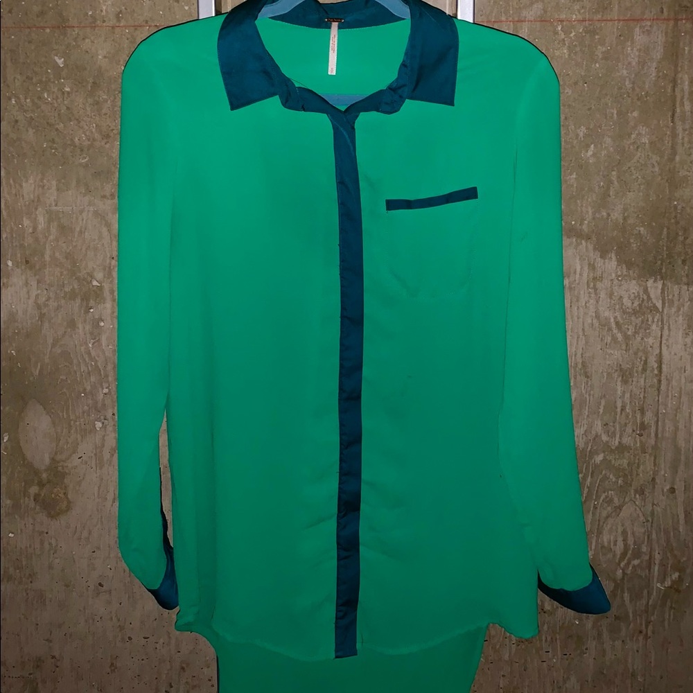 Flawless Unique Free People Oversized Silky Green Button Up Top Blouse Classy
